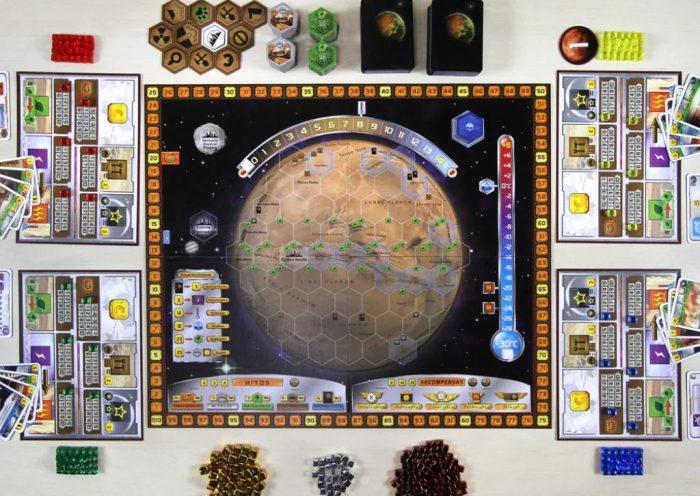 Terraforming Mars desplegado con mapa, tableros de corporación y recursos